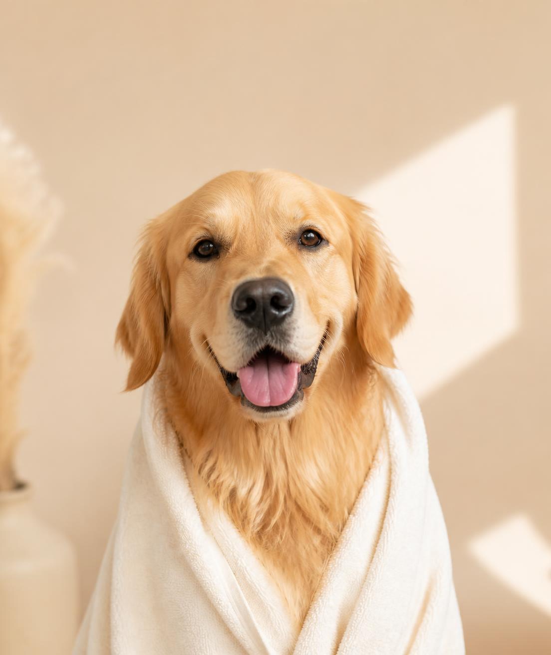 Freshly groomed golden retriever wrapped in a towel at Scooby's Pet Paradise