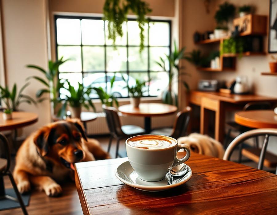 Pet friendly café interior with coffee and a resting dog